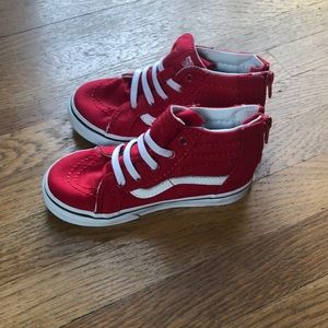 Red Vans, zipper in back, high tops, size 9.5.